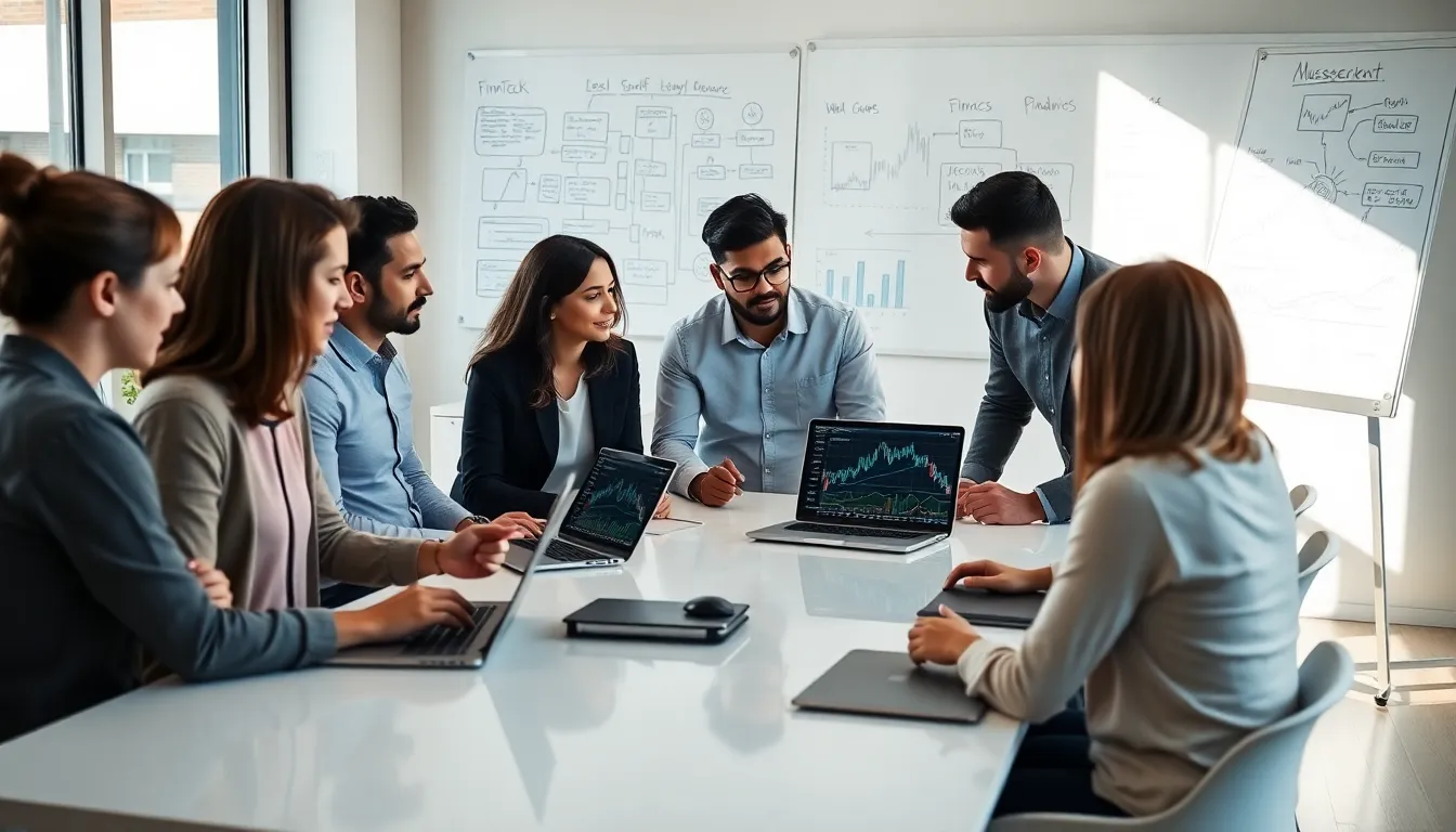 diverse team discussing fintech app development in a modern office.