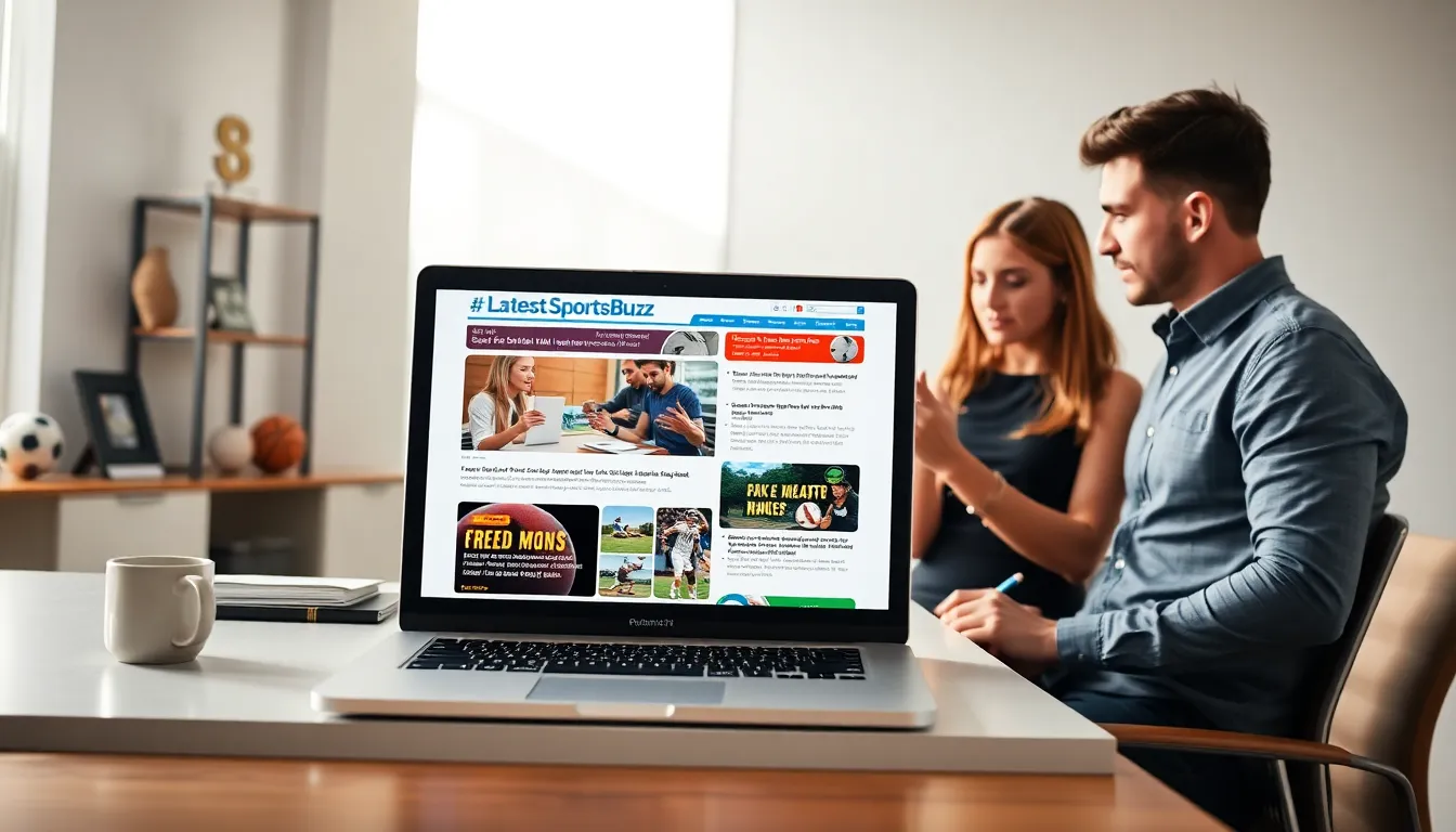 laptop displaying the #LatestSportsBuzz email newsletter in a modern office.