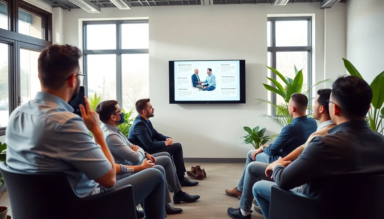 group of men in a wellness workshop discussion.