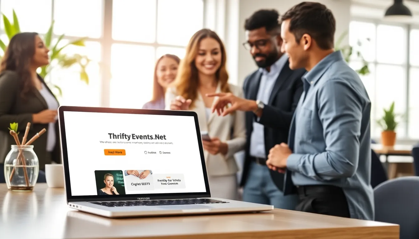 diverse team collaborating over an event-planning website in a modern office.