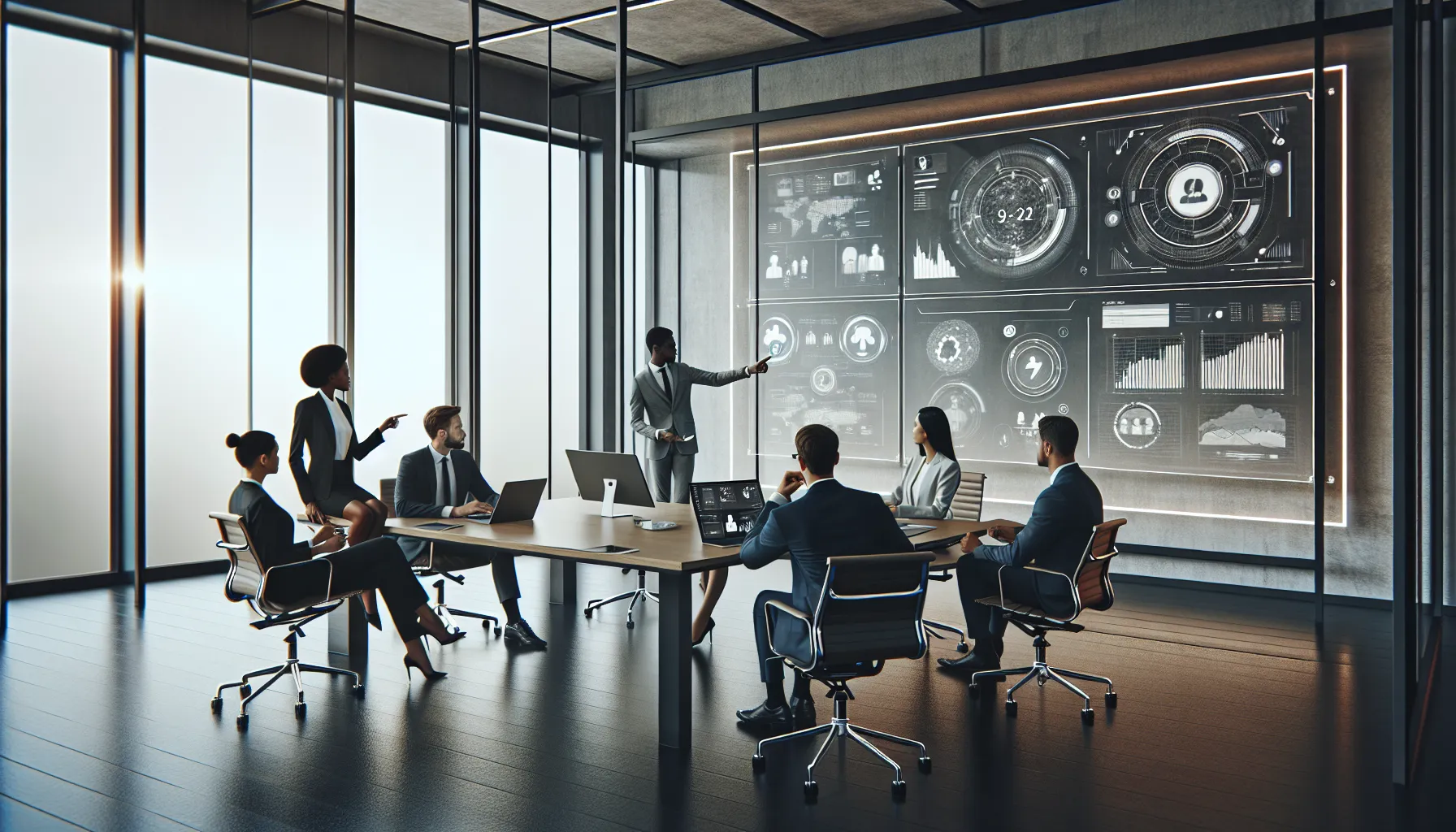 diverse team discussing technology applications in a modern office.