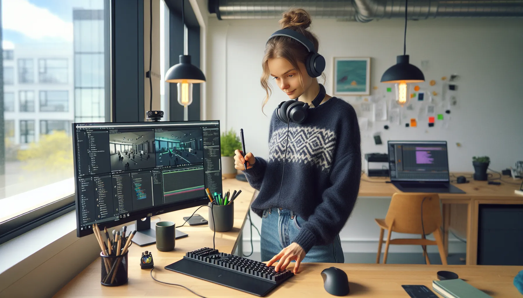 Young norwegian game developer mapping roles and tools at a dual-monitor workstation.