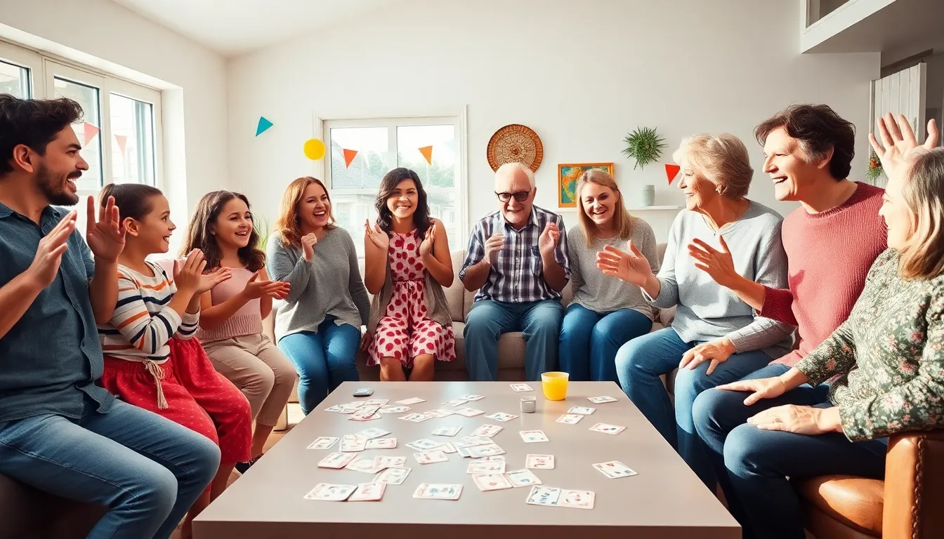 Family playing fun party games in a bright living room.