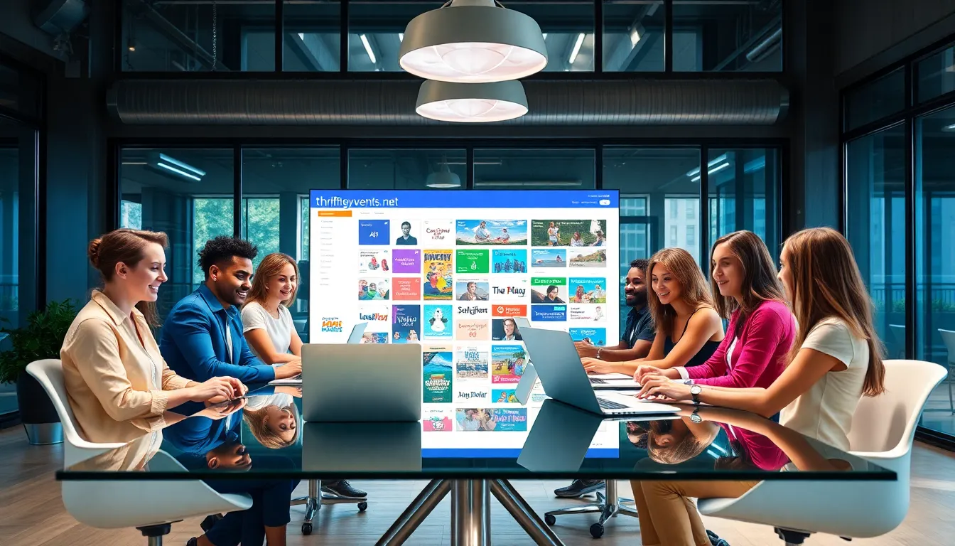 diverse professionals collaborating on event listings in a modern office.