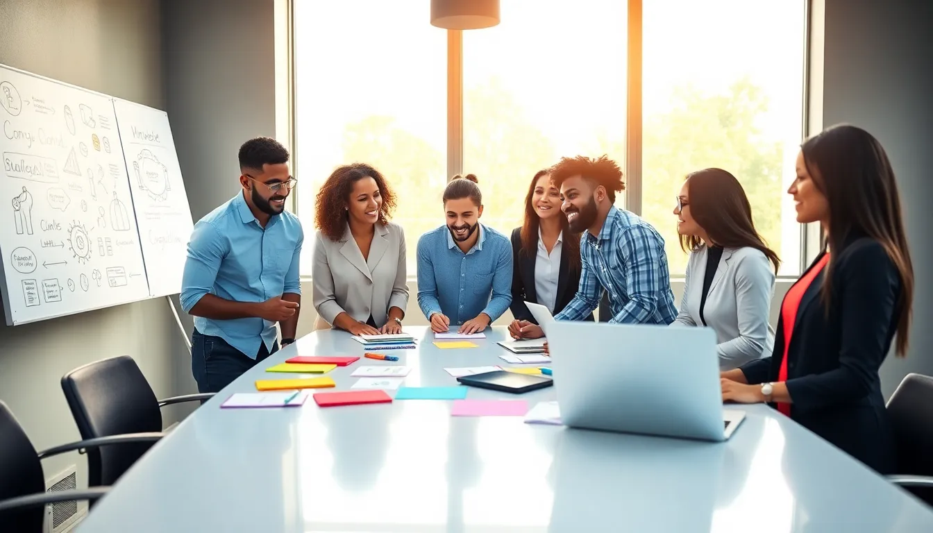 diverse team brainstorming event ideas in a modern office.
