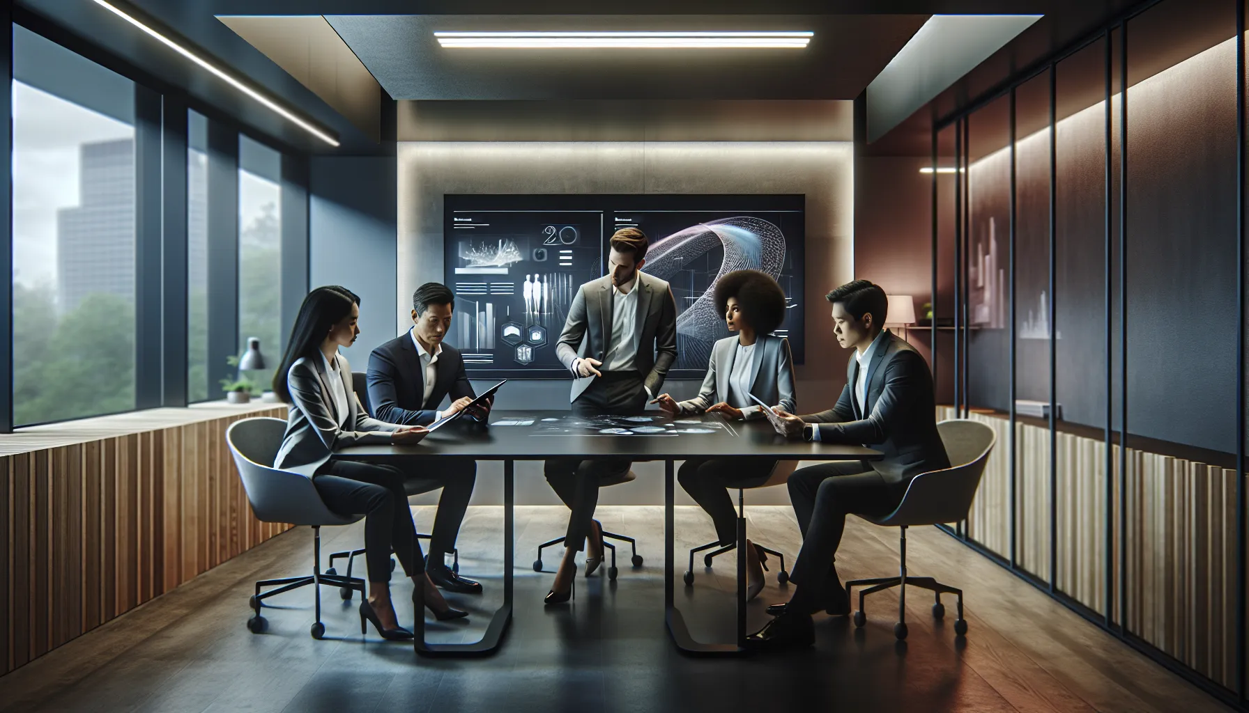 diverse team collaborating on grayoffsetback technology in a modern office.