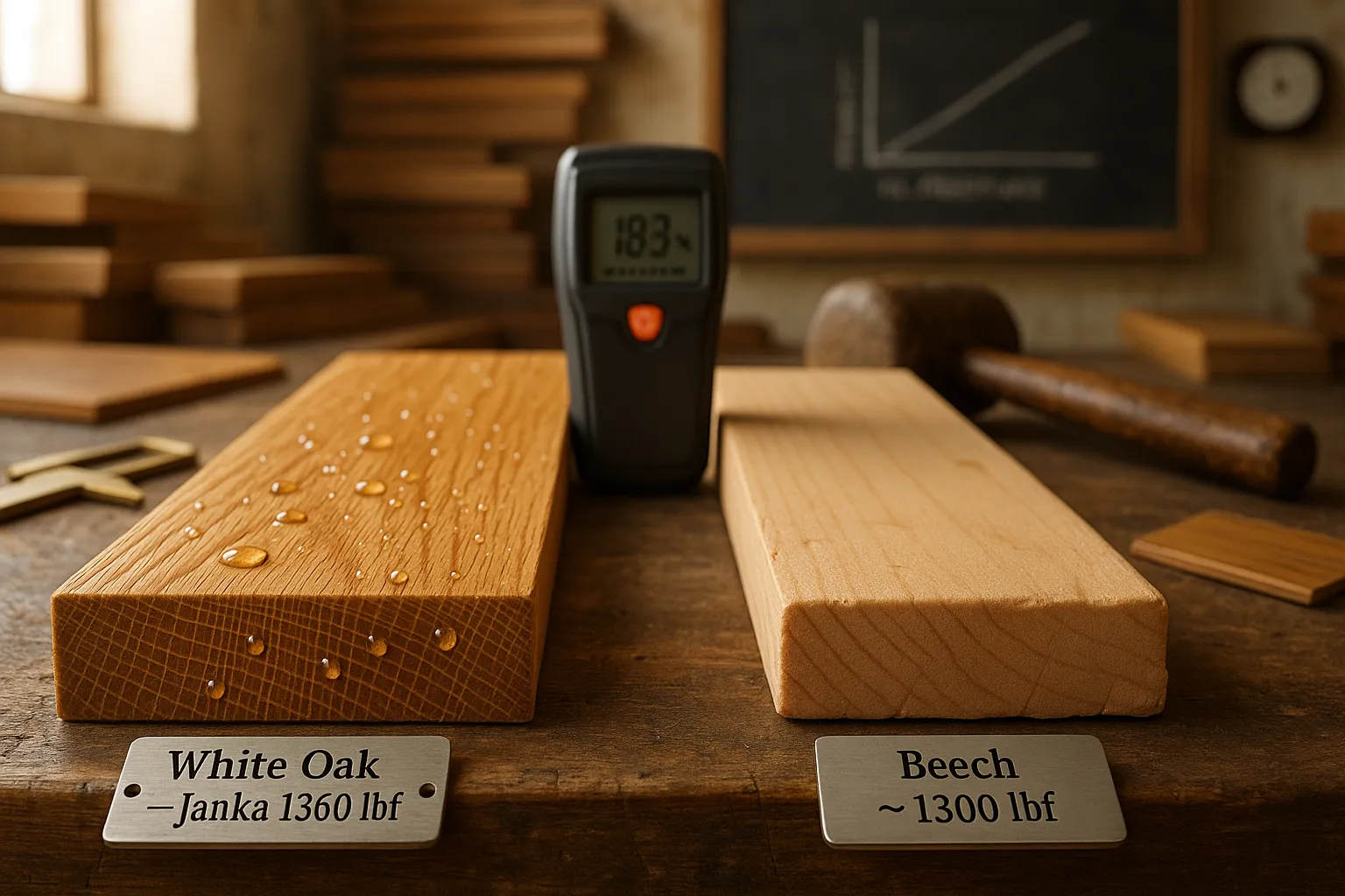 Side-by-side oak and beech wood planks showing contrasting grain and wear.