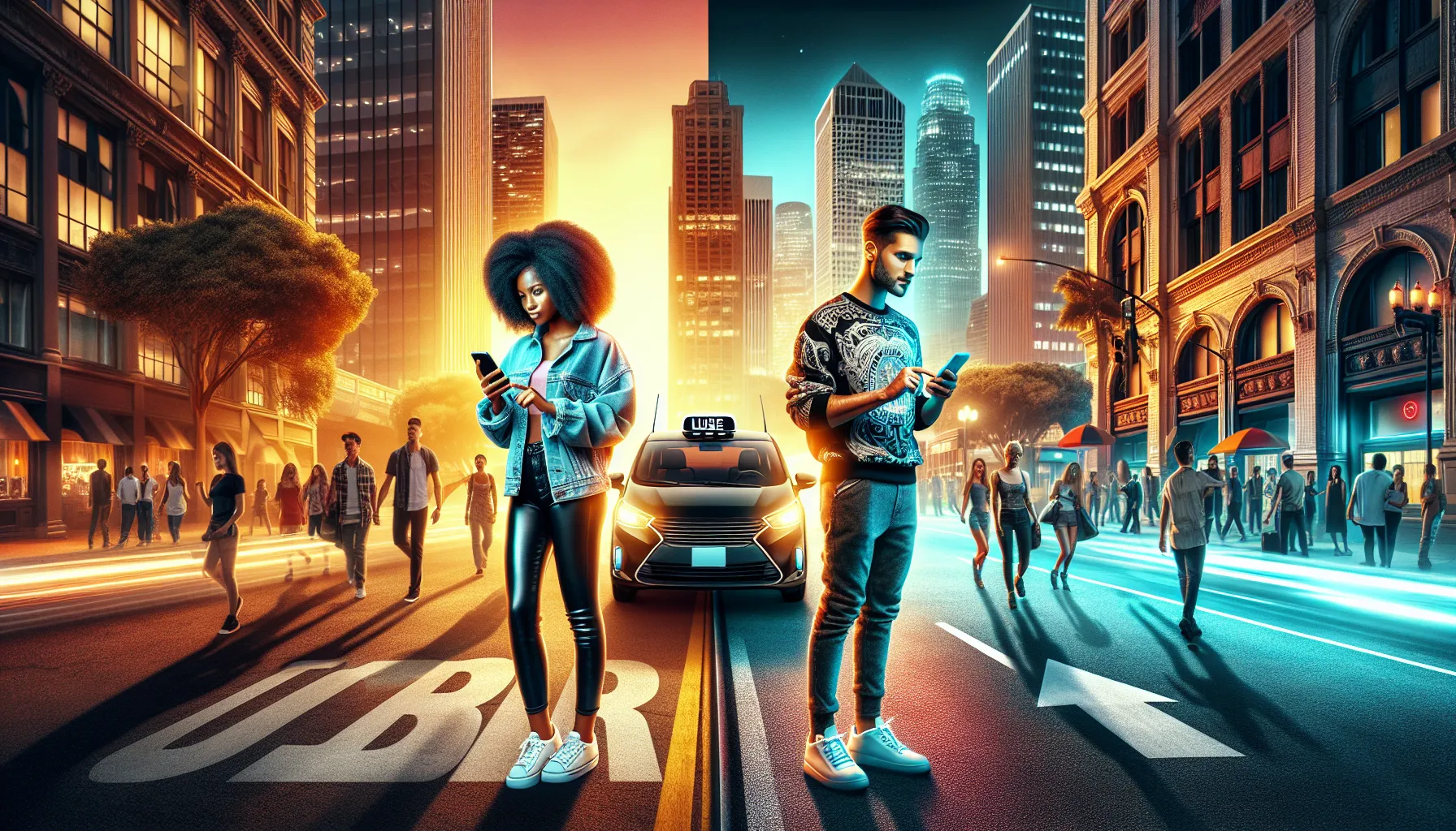 a couple waiting for a rideshare vehicle on a busy city street at sunset.