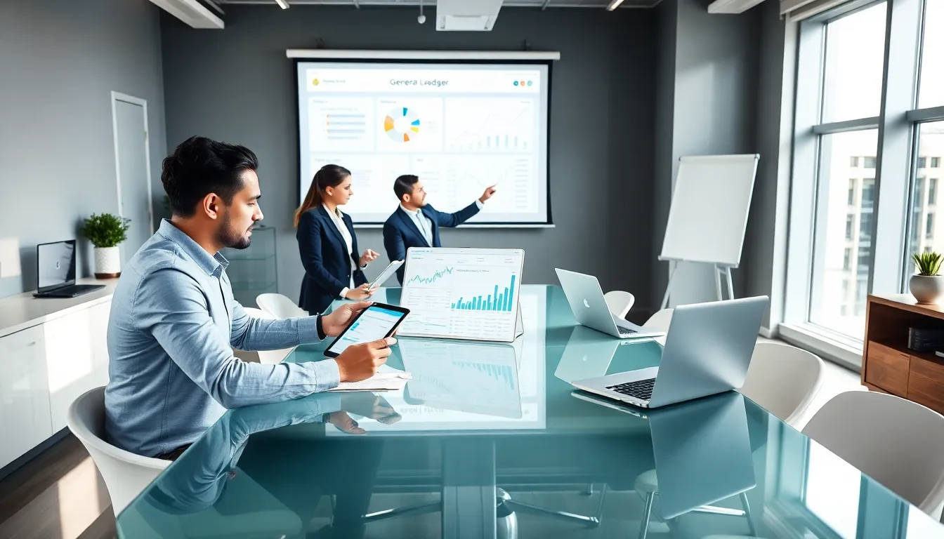diverse team discussing general ledger accounting software in a modern office.
