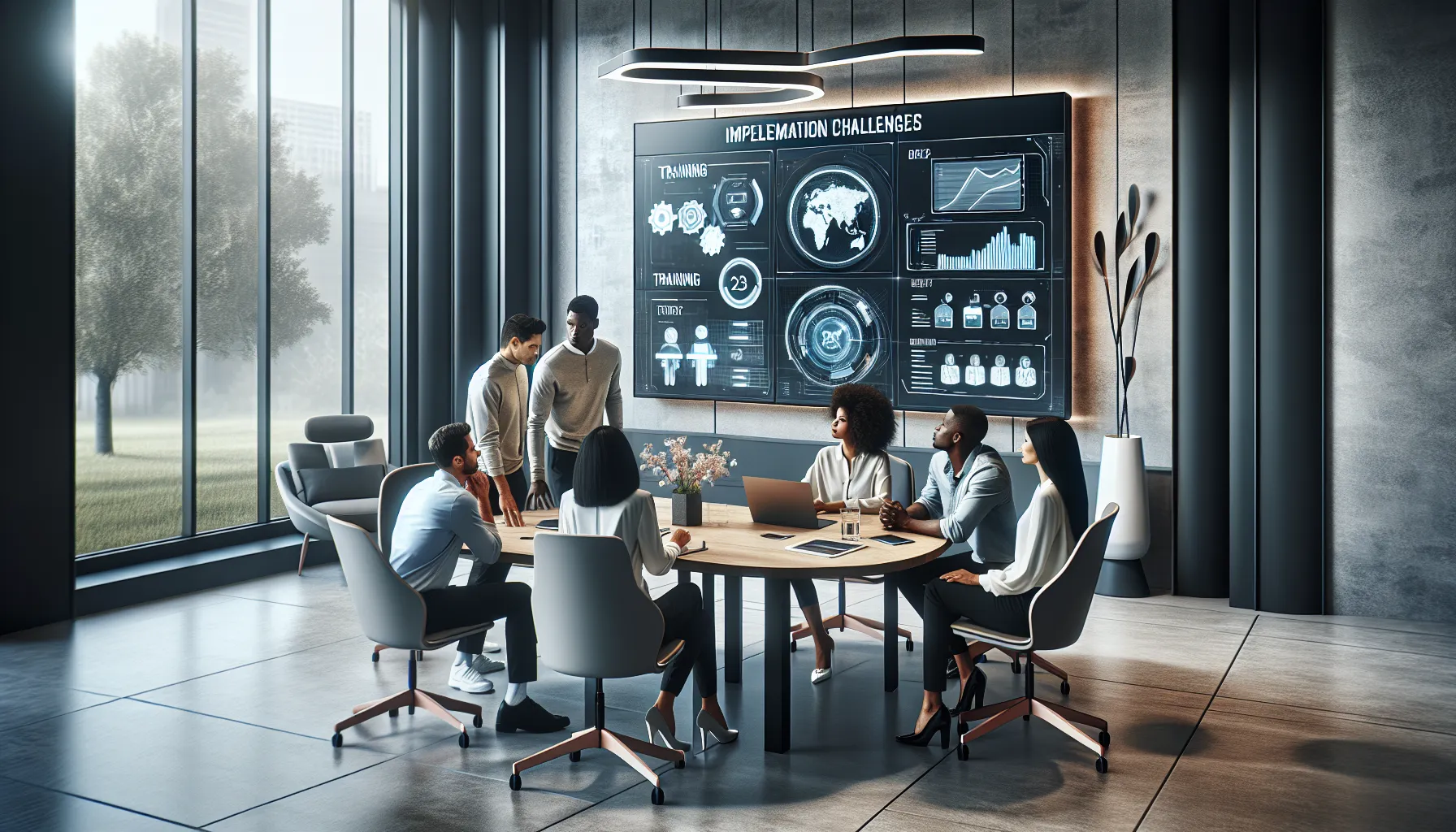 diverse team discussing technology challenges in a modern office.