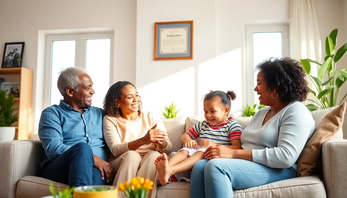 Diverse family celebrating adoption in a cozy living room.