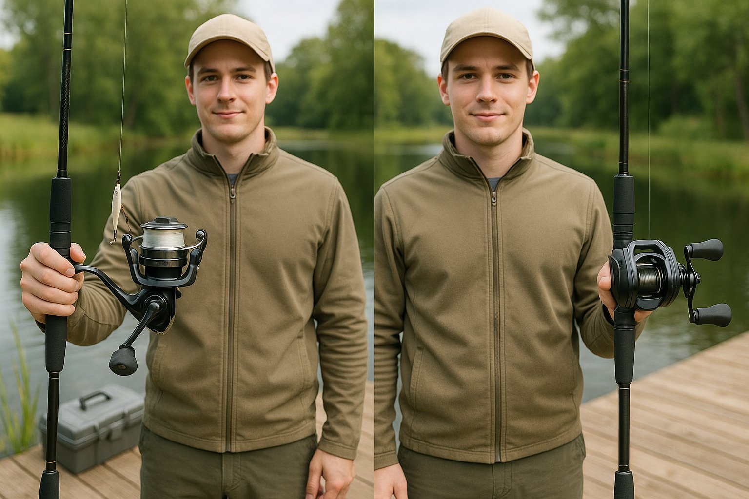 Beginner angler comparing spinning reel and baitcasting reel by a lake.