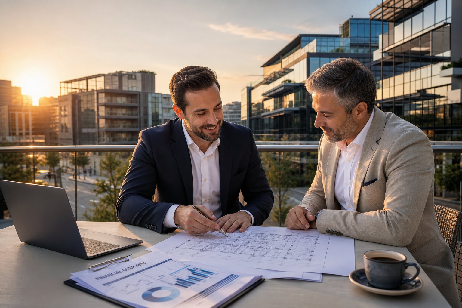 Mortgage advisor and investor reviewing commercial property plans on a terrace overlooking modern office buildings at golden hour.