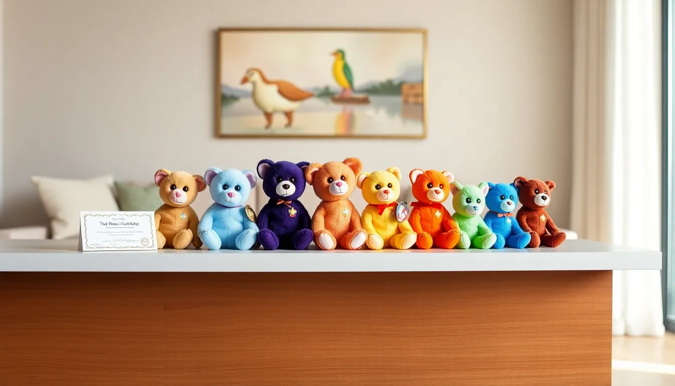display of colorful Teenie Beanie Babies on a stylish shelf.