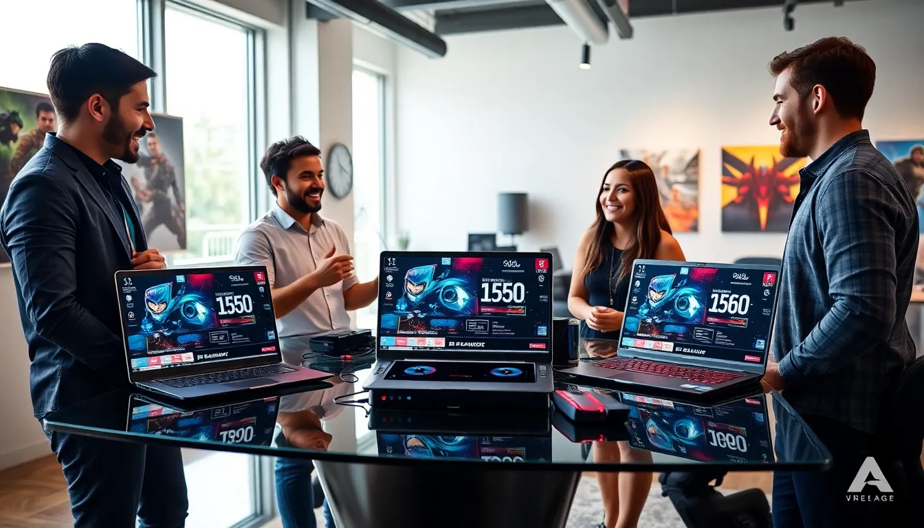 diverse group discussing gaming gear in a modern office.