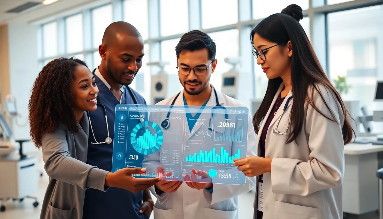medical professionals discussing AI technologies in a modern healthcare setting.