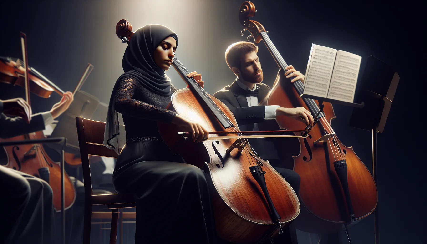 A cellist and double bassist playing in a concert setting.