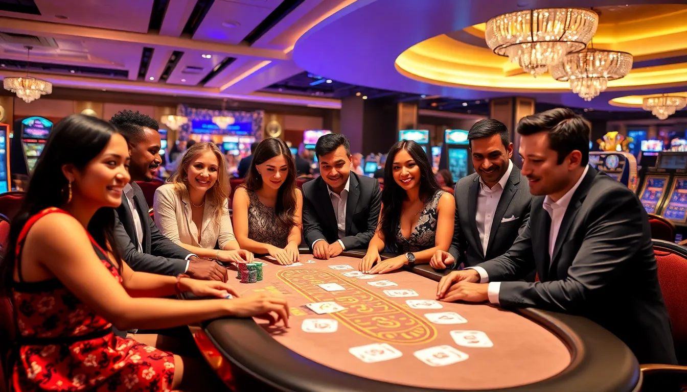 diverse players enjoying a lively casino table game.