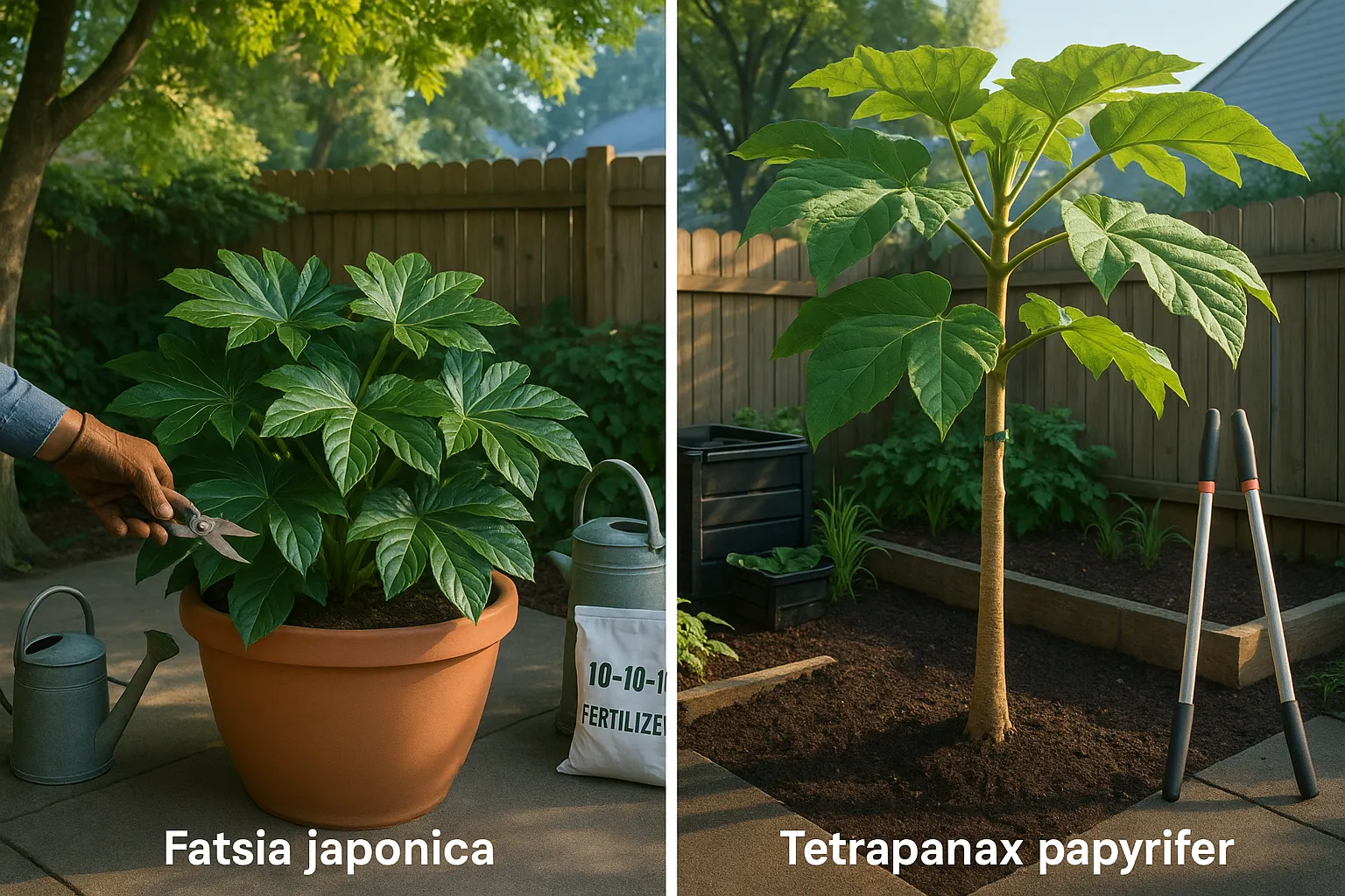 Side-by-side Fatsia in shade and sunlit Tetrapanax in a U.S. backyard garden.
