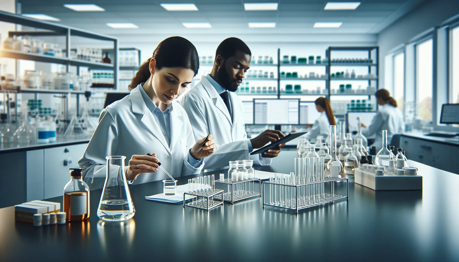 scientists developing pharmaceuticals in a modern laboratory.