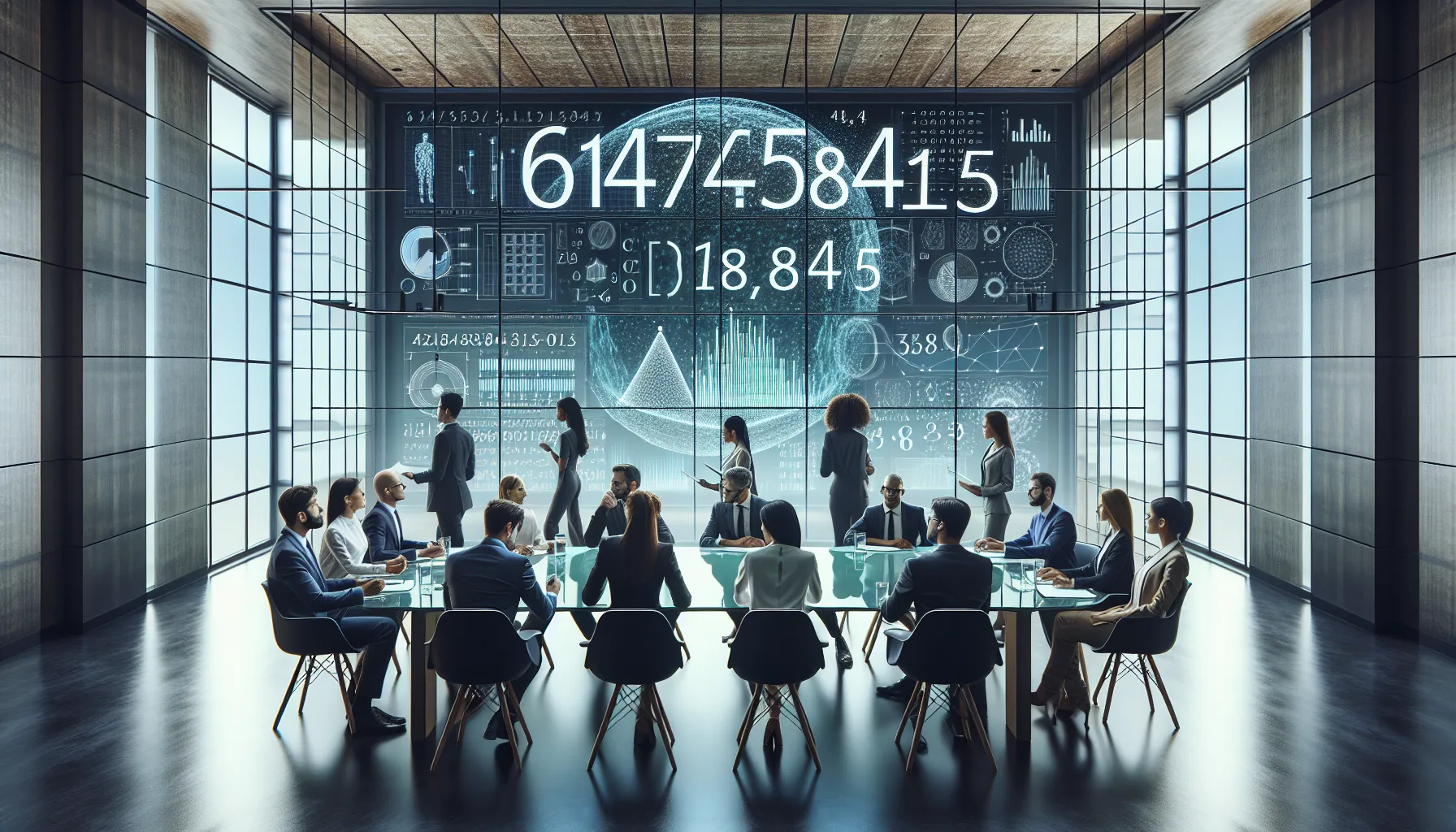 Professionals discussing mathematical significance of a number in a modern office.