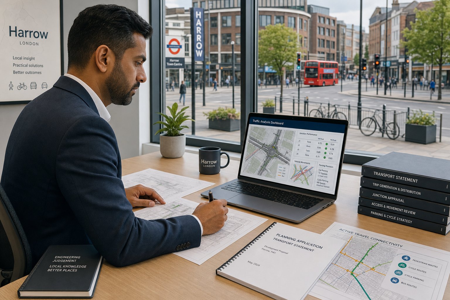 Traffic engineer reviewing planning and transport documents in a modern office.