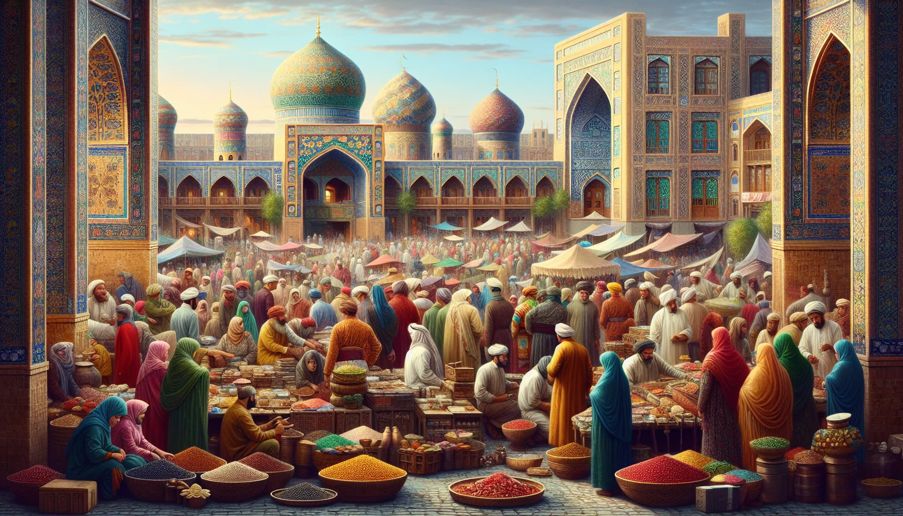 diverse merchants engaging in a vibrant Uzribitan marketplace.