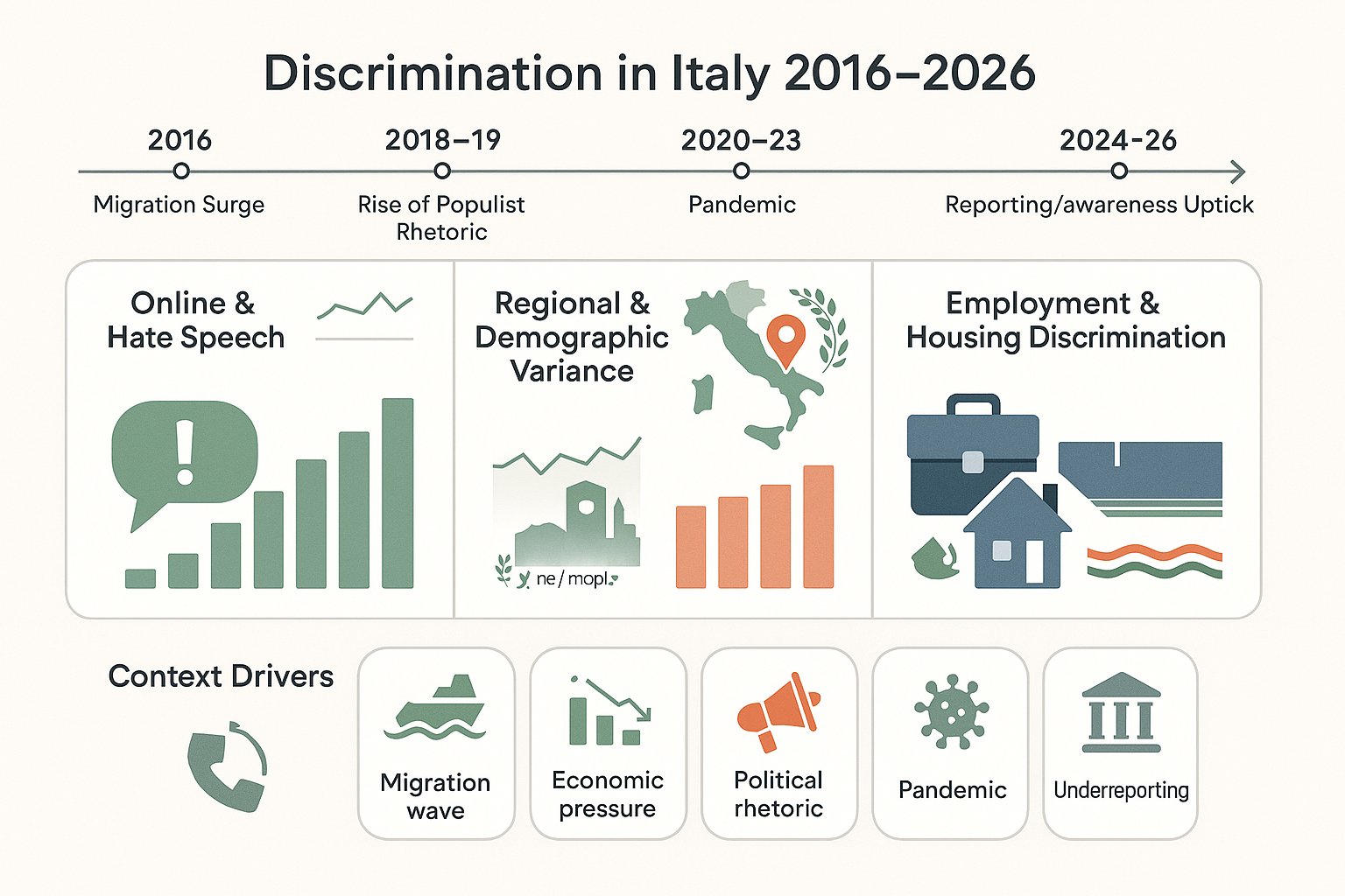 Infografica che mostra tendenze miste nella discriminazione in Italia 2016–2026.