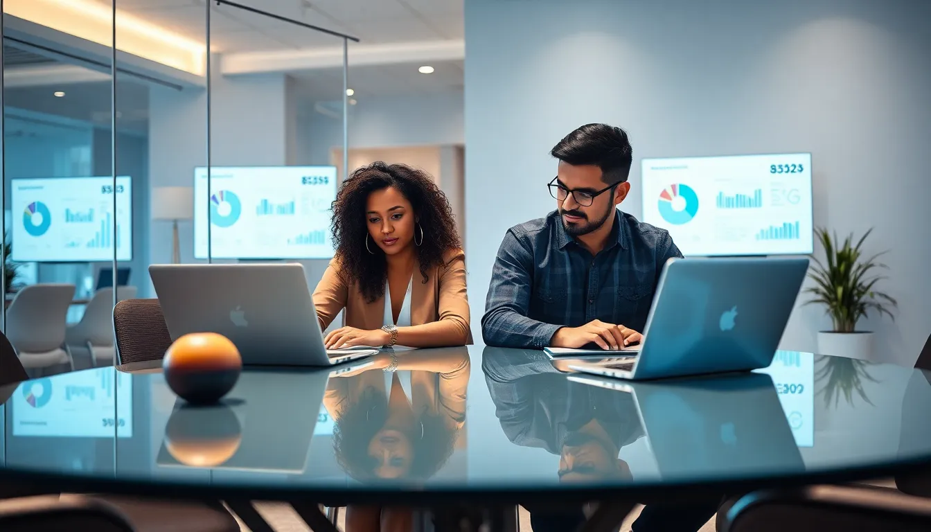 diverse team of analysts discussing data in a modern office.