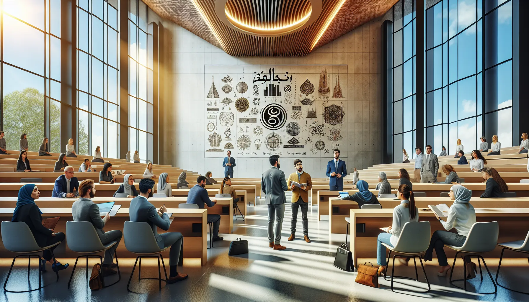 diverse group discussing εβθρυ in a modern lecture hall.