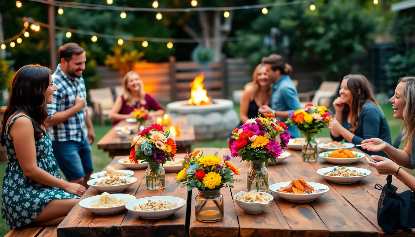 A joyful outdoor gathering with friends enjoying a potluck-style feast.