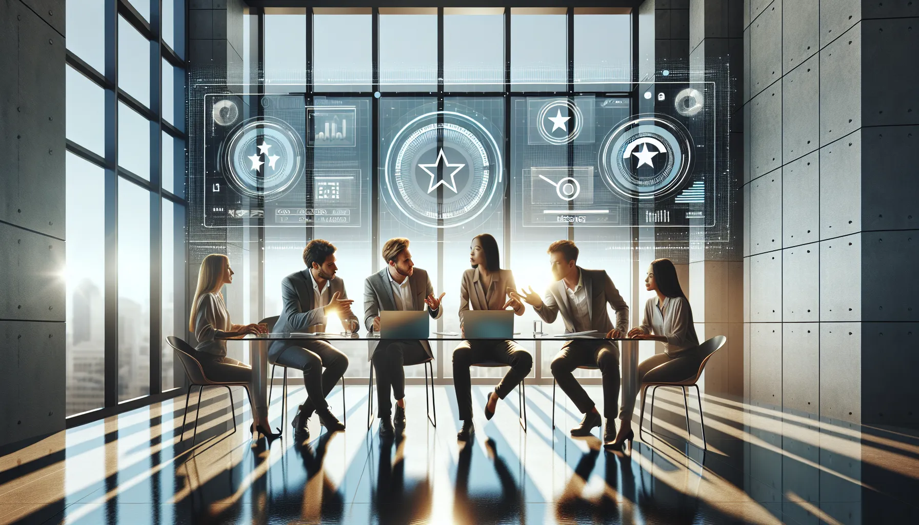 diverse team discussing Movieswap.com features in a modern workspace.