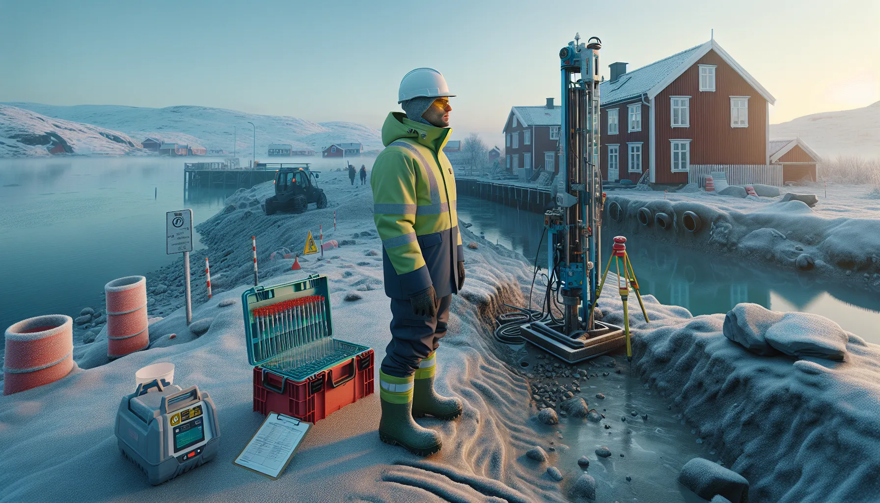 Hvordan bruke geoteknikk for å sikre byggegrunnen 2 Geotechnical engineer inspects layered soil core by drilling rig on frosty norwegian site.