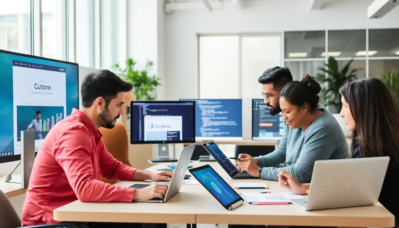 a diverse team of web designers working in a modern office.