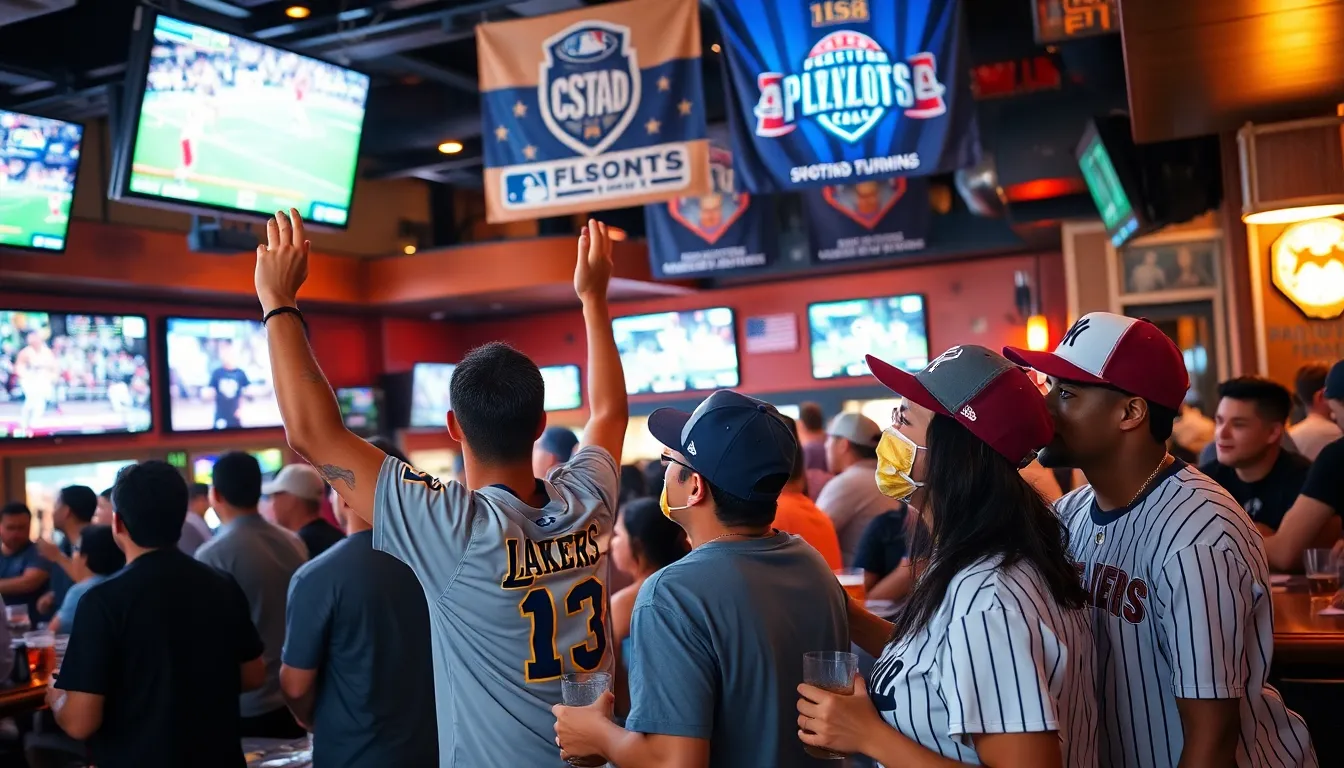 Fans cheering in a lively sports bar watching various games.