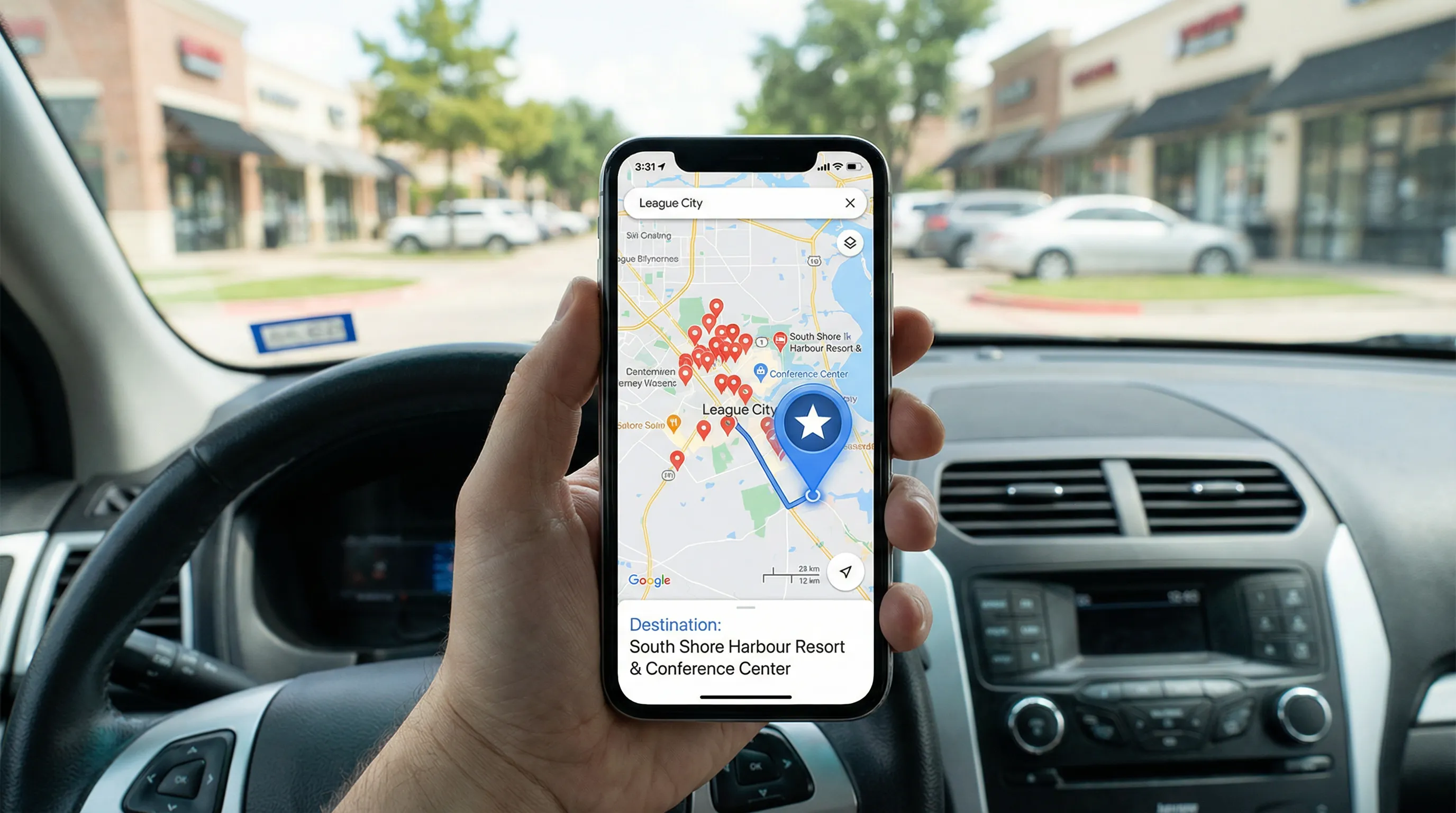 Smartphone showing Google Maps-style pins around League City with one business location prominently selected.