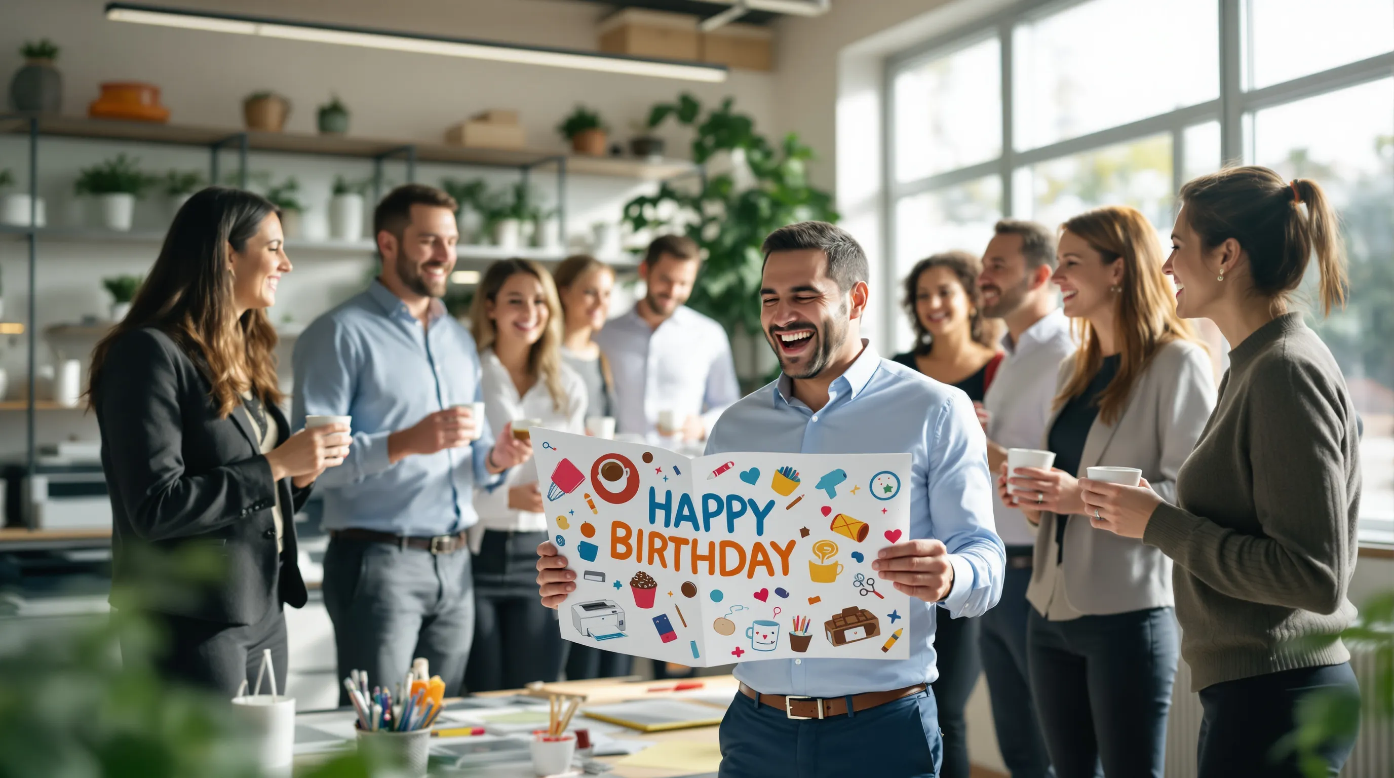 Coworkers giving a funny birthday card to a smiling colleague in an office.