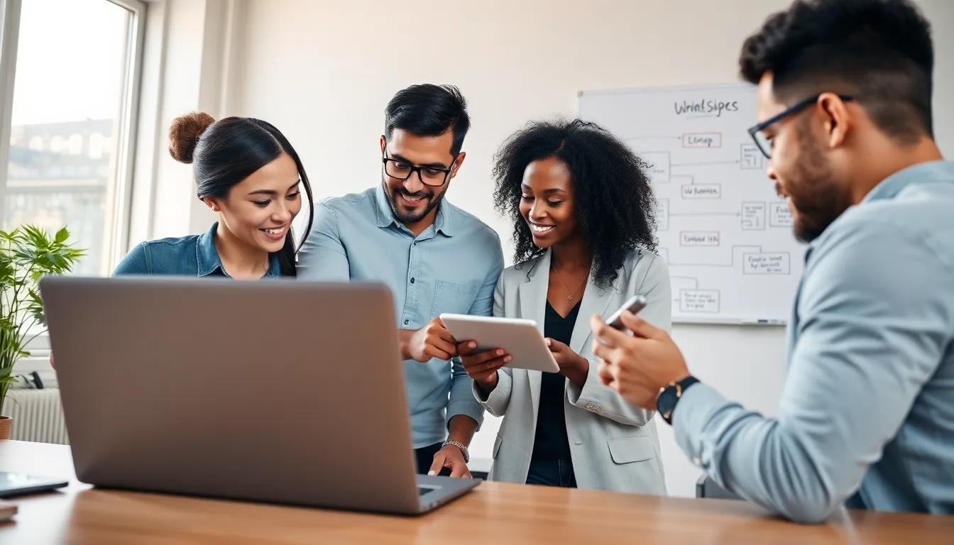 diverse team discussing website development in a modern office.