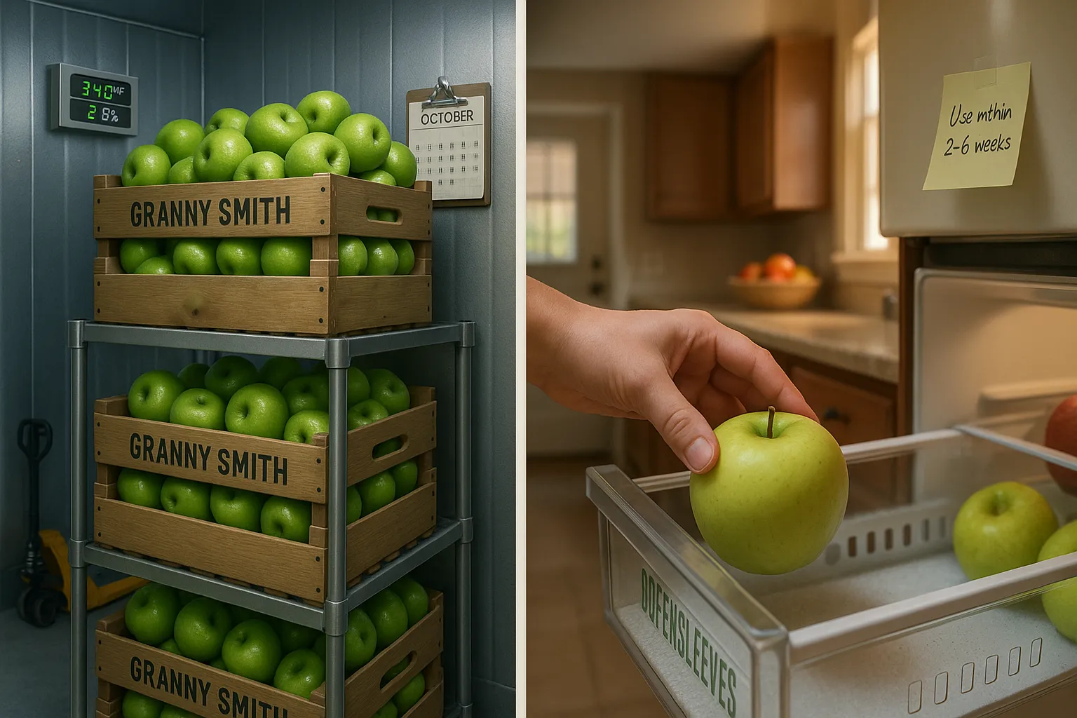 Granny Smith apples in cold storage beside Greensleeves in a kitchen crisper.