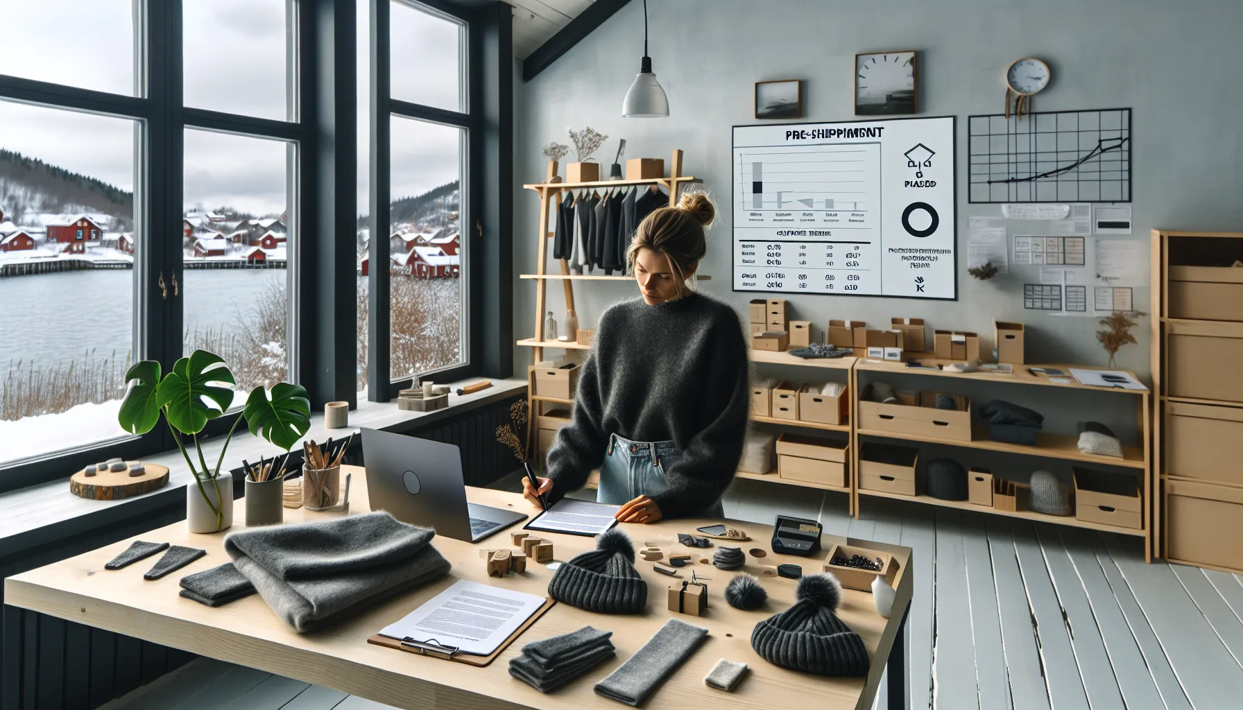 Norwegian e-commerce founder reviews suppliers, margins, and product samples in Oslo office.