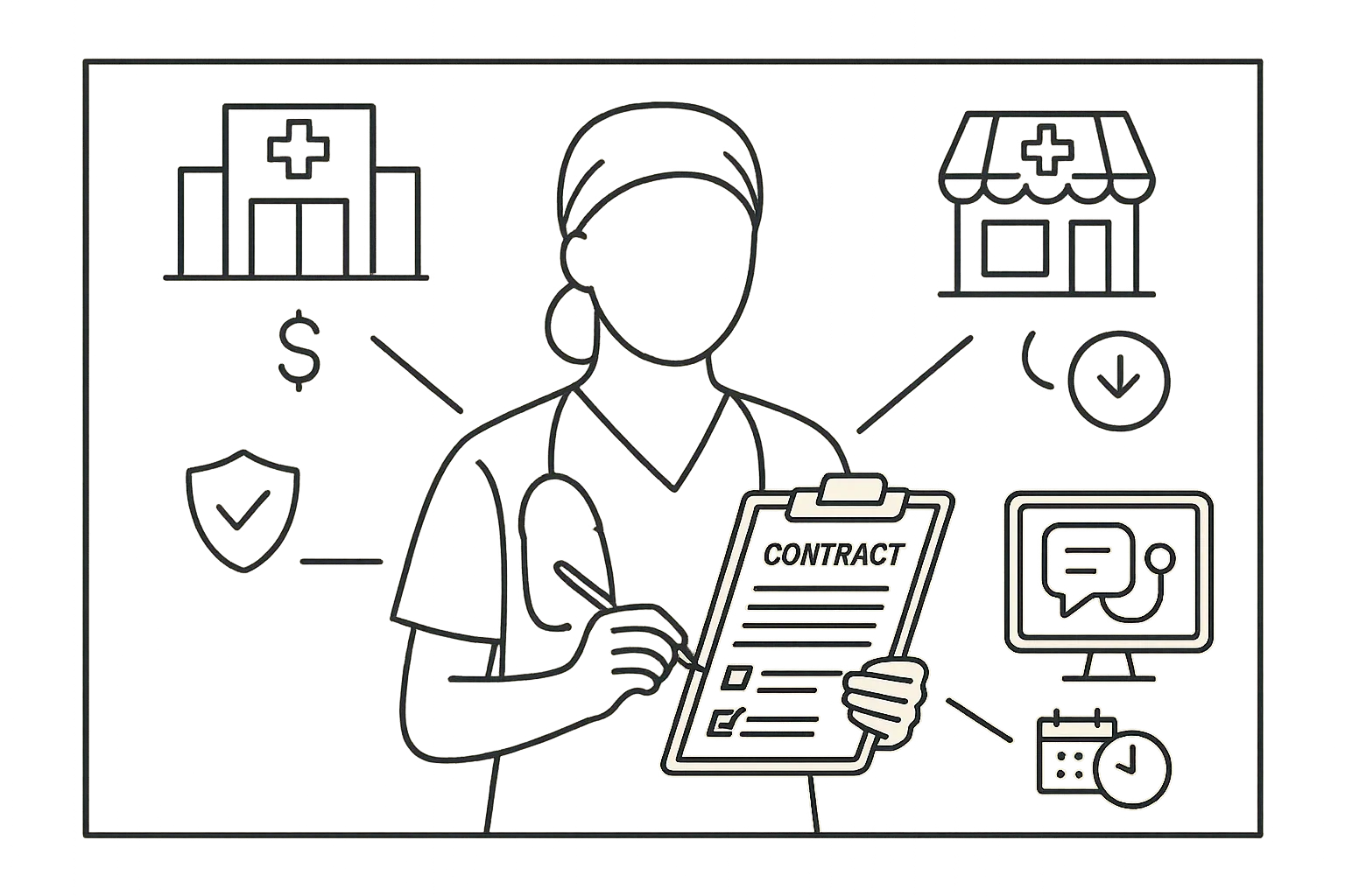 Nurse practitioner holding clipboard connected to clinic, urgent care, and telehealth icons.