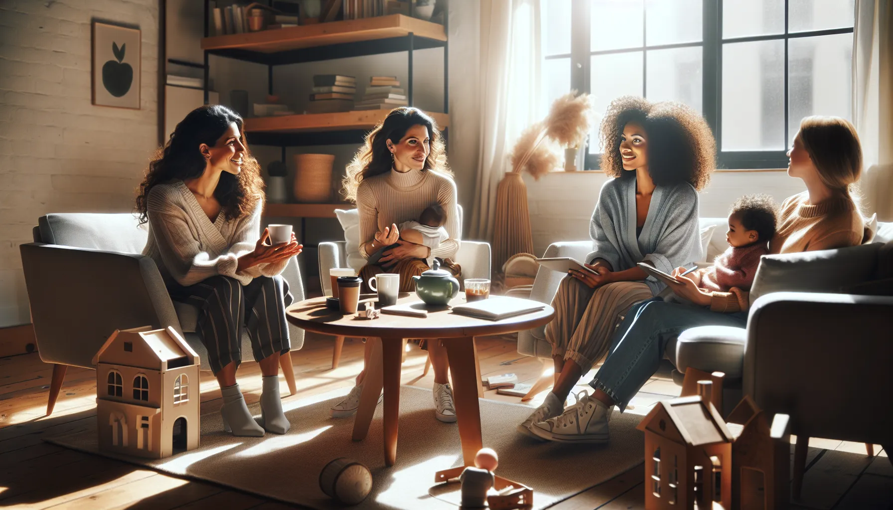 a group of diverse moms discussing parenting tips in a cozy living room.