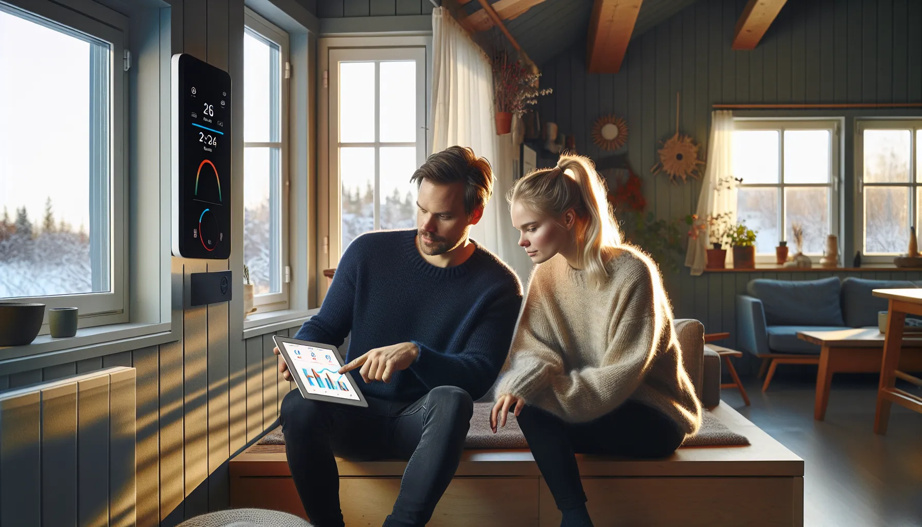 Slik kan du overvåke varmepumpens energiforbruk i sanntid 2 Norwegian couple analyzing real‑time heat pump energy use on a tablet at home.