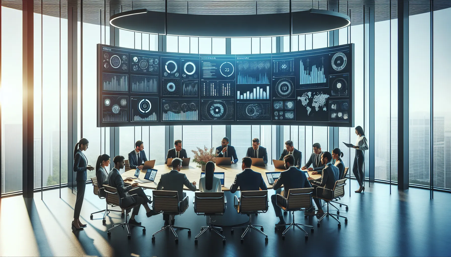 diverse professionals discussing telecommunications data in a modern office.