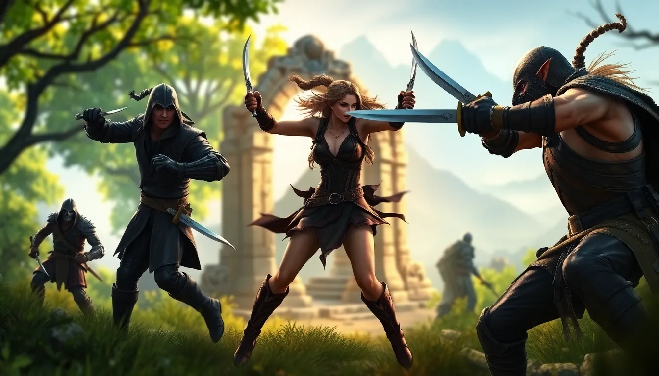 rogues displaying different specializations in a fantasy landscape.