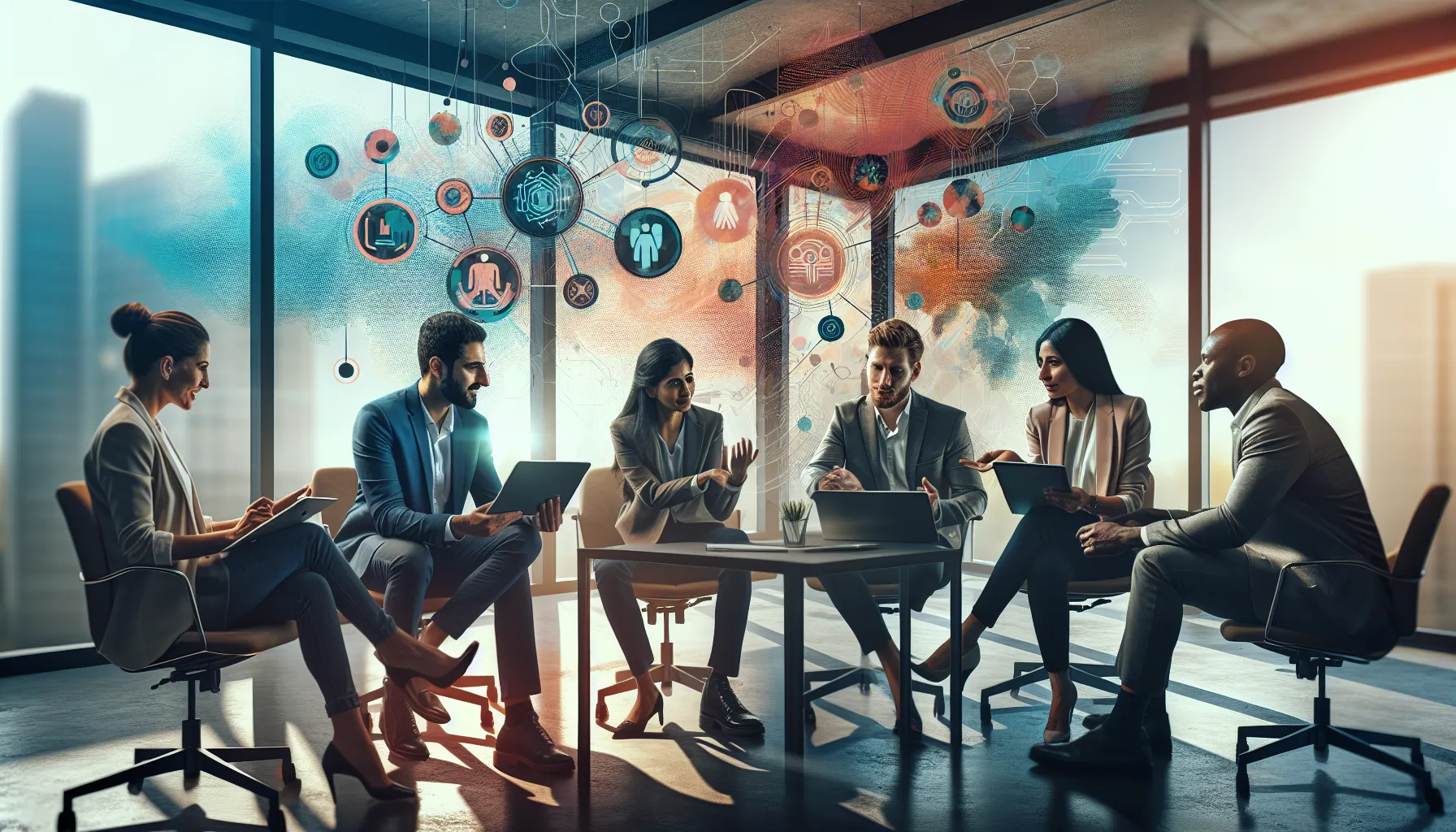 diverse professionals collaborating in a vibrant, modern workspace.