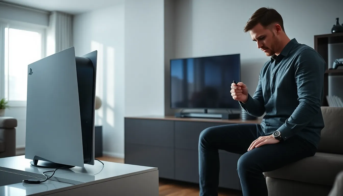 modern living room with a PlayStation 5 and power equipment.