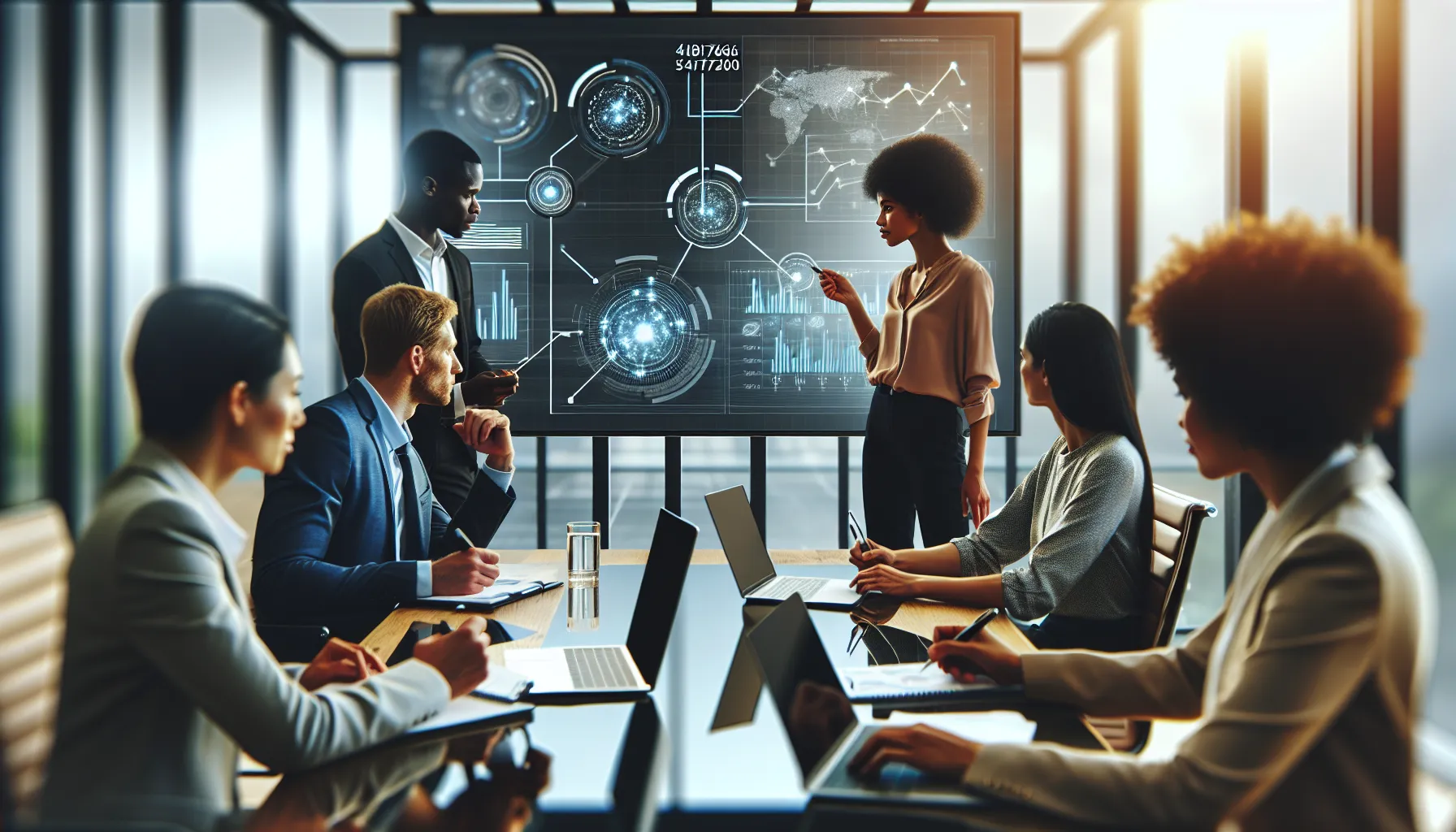 diverse business team discussing data usage in a modern office.