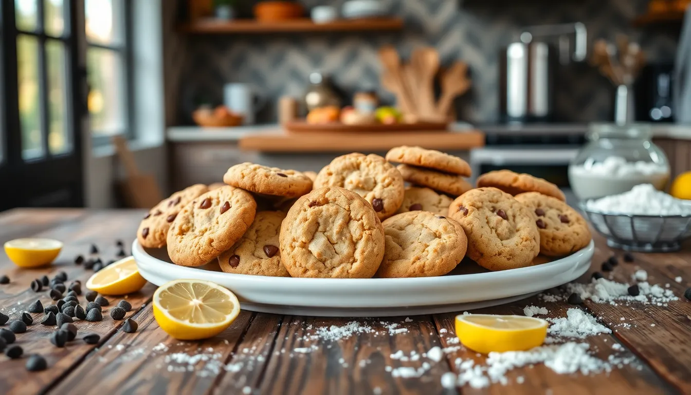 variety of freshly baked cookies on a wooden table.