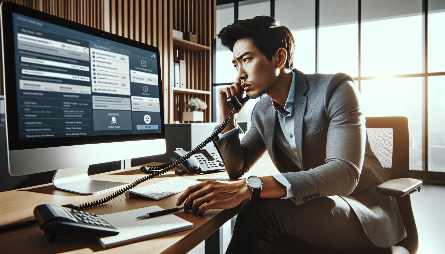 frustrated professional navigating a phone call in a modern office.